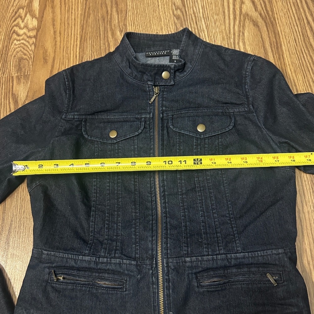 Apostrophe Stretch Dark Wash Denim Moto Jacket Mock Neck Peplum Blue Womens 6 - Picture 4 of 6